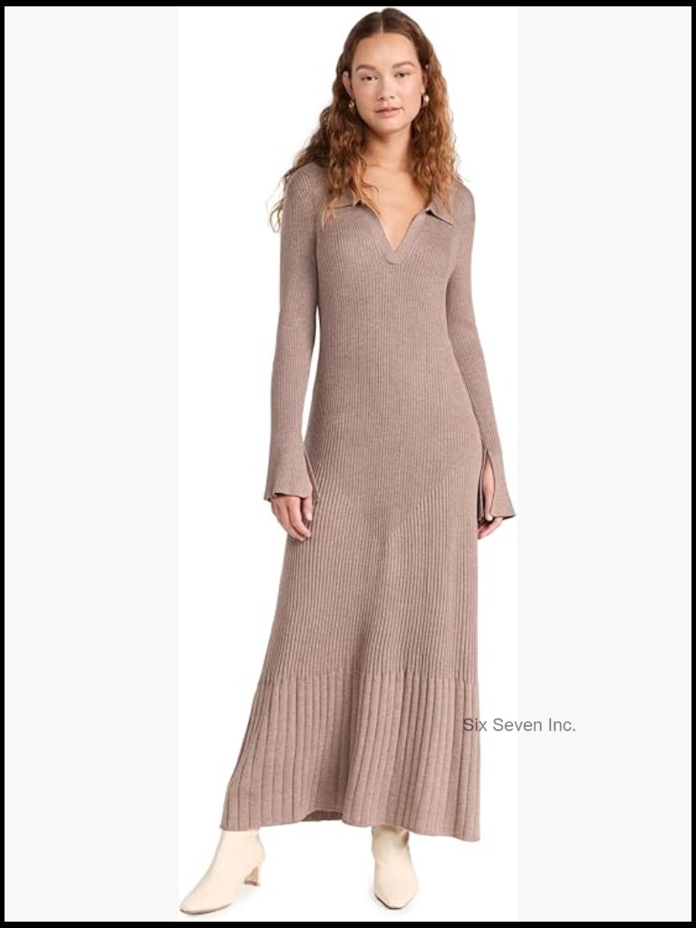 Ribbed Knit Relaxed Dress With V-Neck & Long Sleeves